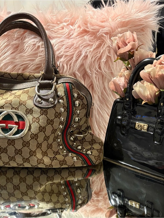 Handbags - Brown GG Canvas Studded Satchel with Red & Green Web